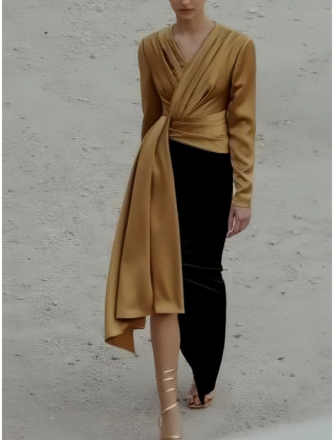 Luolandi A-Line Evening Black Dress Christmas Elegant Dress Formal Ankle Length Long Sleeve V Neck Satin with Ruched